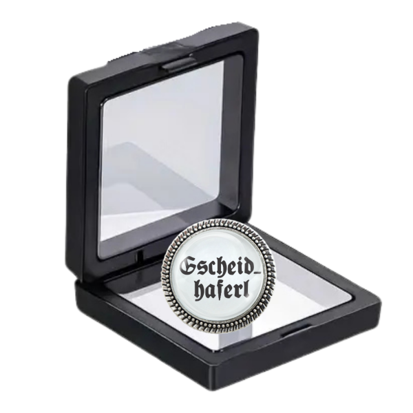 „Gscheidhaferl“ Gaudibroschn in edler Geschenkbox – witziges Trachtenaccessoire