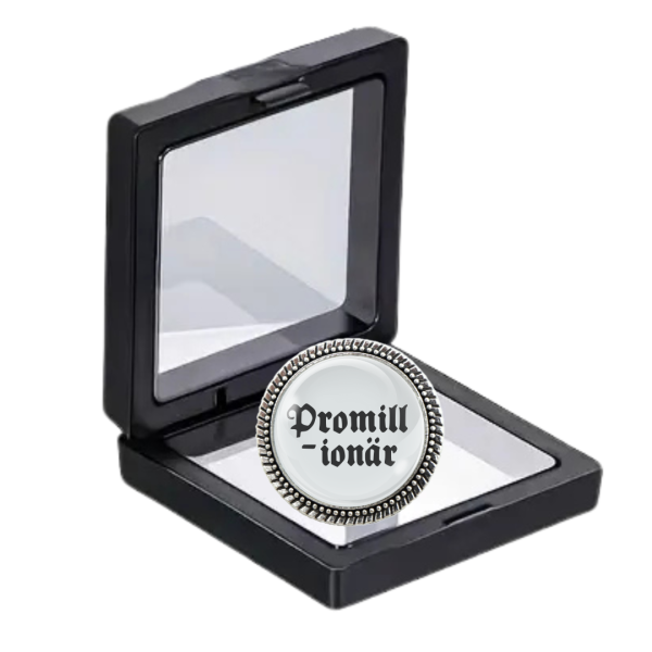 Gaudibrosche „Promillionär“ in Silber – originelles Geschenk im Etui