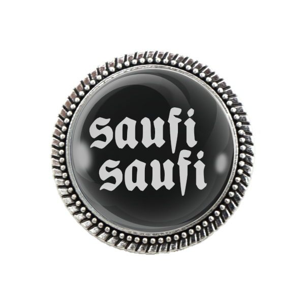 Pracht-Gaudibroschn „saufi saufi“ – schwarze Trachtenbrosche mit Silberfassung