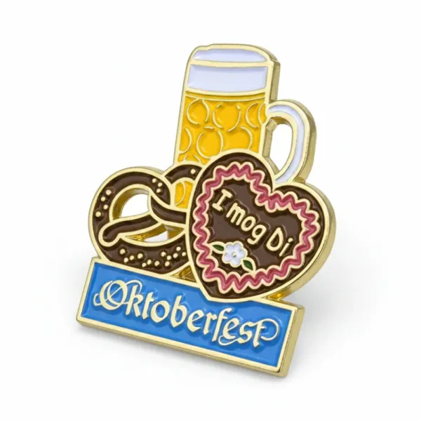 Preview: Metall-Pin Anstecker Oktoberfest mit Maß, Breze und Herz für Tracht