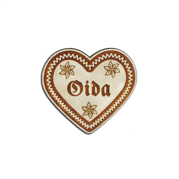 "Oida-Anstecker in Lebkuchen-Optik - erhältlich bei Glubbal.shop"