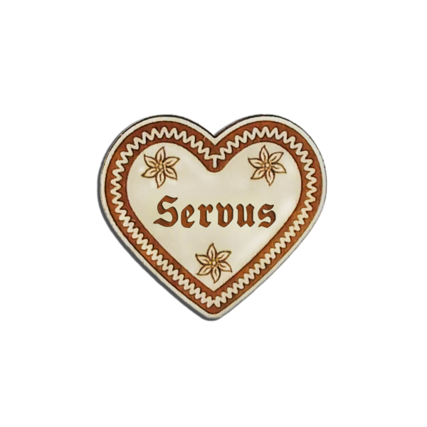"Servus-Anstecker in Lebkuchen-Optik - erhältlich bei Glubbal.shop"