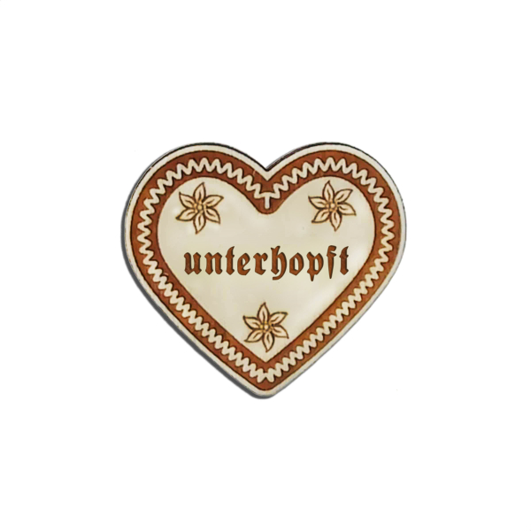 "unterhopft-Anstecker in Lebkuchen-Optik - erhältlich bei Glubbal.shop"