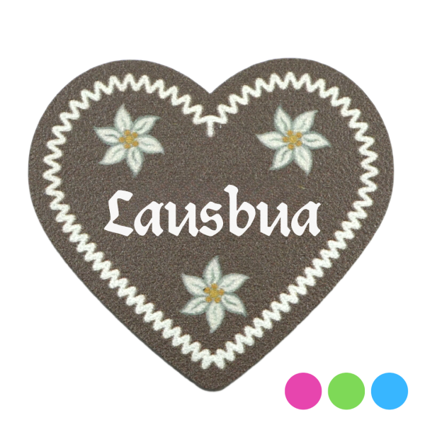 "Verleihen Sie Ihrem Outfit bayrisches Flair mit unserem 'Lausbua' Lebkuchenherz-Anstecker - erhältlich bei Glubbal.shop"