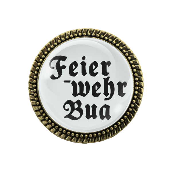 Gaudi-Brosche "Feierwehr Bua" in bronze, Trachtenschmuck