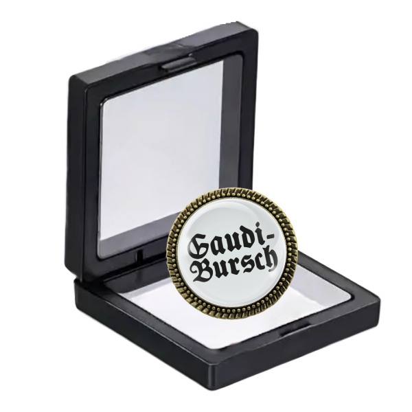 Bayerische Trachtenbrosche in Bronze für echte Gaudiburschen, erhältlich im Geschenketui.
