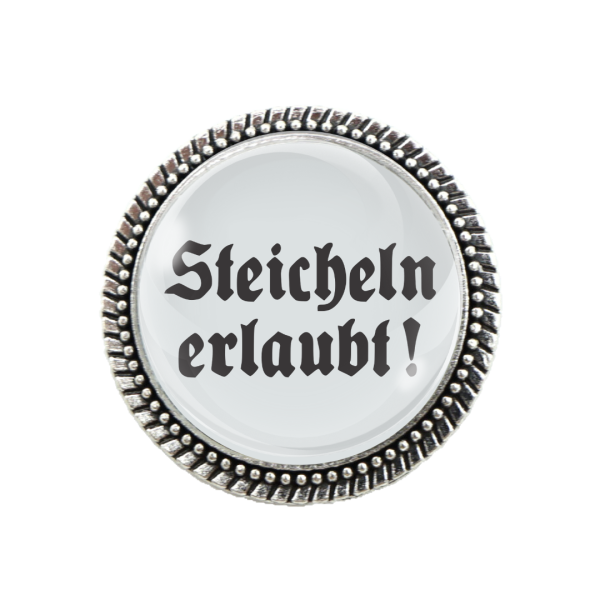 „Humorvolle bayerische Brosche 'Streicheln erlaubt' – Geschenkidee für Trachtenliebhaber“