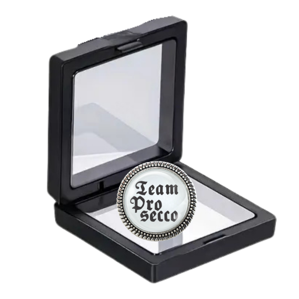 Gaudibroschn "Team Prosecco" in Silber mit Geschenkbox